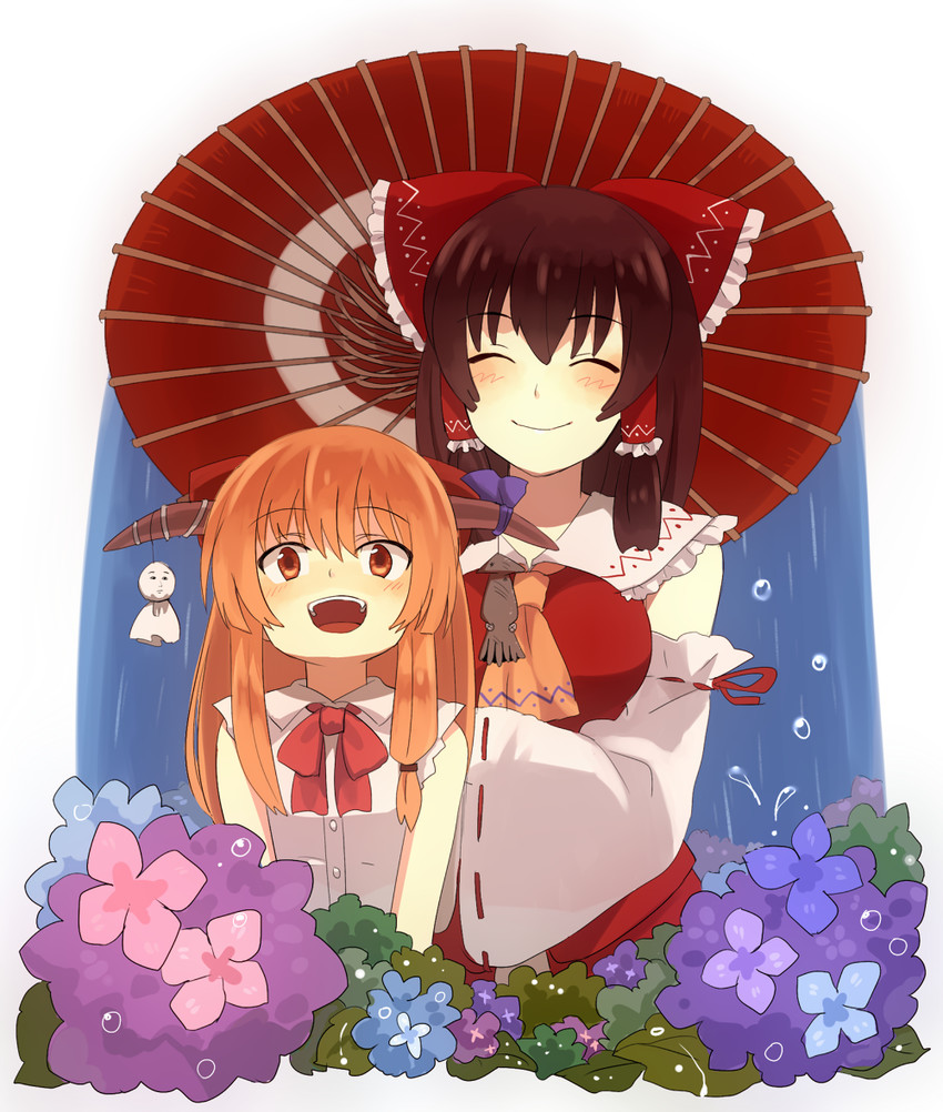 hakurei reimu, ibuki suika, and kanna (touhou and 1 more) drawn by knb