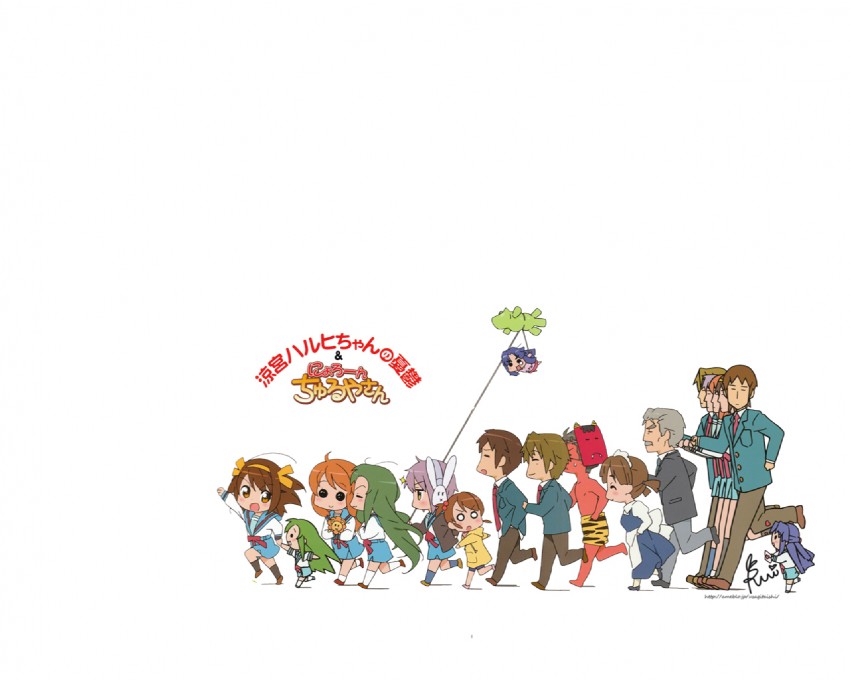 suzumiya haruhi, nagato yuki, asahina mikuru, kyon, asakura ryoko, and 11 more (suzumiya haruhi no yuuutsu and 1 more)