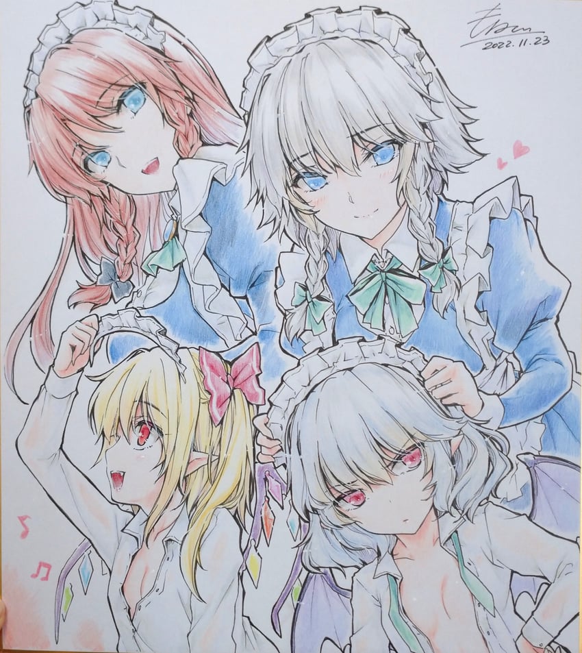 remilia scarlet, flandre scarlet, izayoi sakuya, and hong meiling (touhou and 1 more) drawn by monety