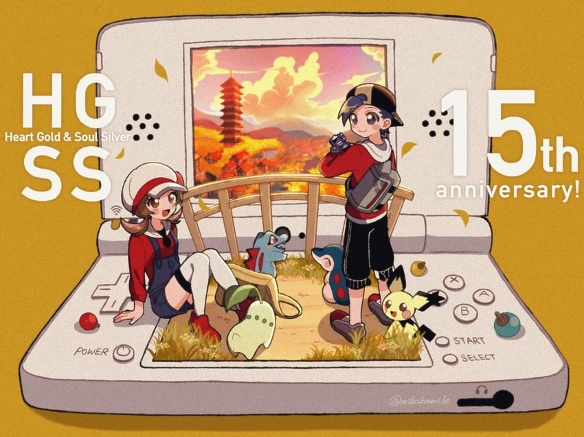 ethan, lyra, cyndaquil, pichu, chikorita, and 2 more (pokemon and 1 more) drawn by mikakami1e