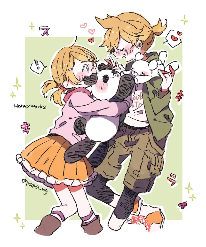 kagamine rin, kagamine len, panmy, and kumamaru (vocaloid and 2 more) drawn by hazime