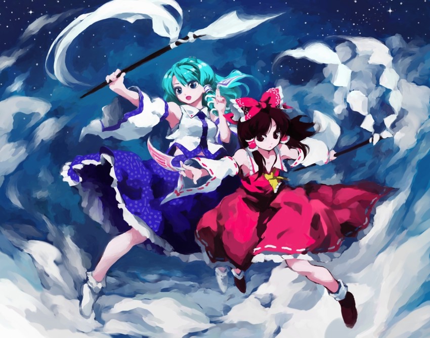 hakurei reimu and kochiya sanae (touhou) drawn by iseki_(kuroshura_no_tabiji)