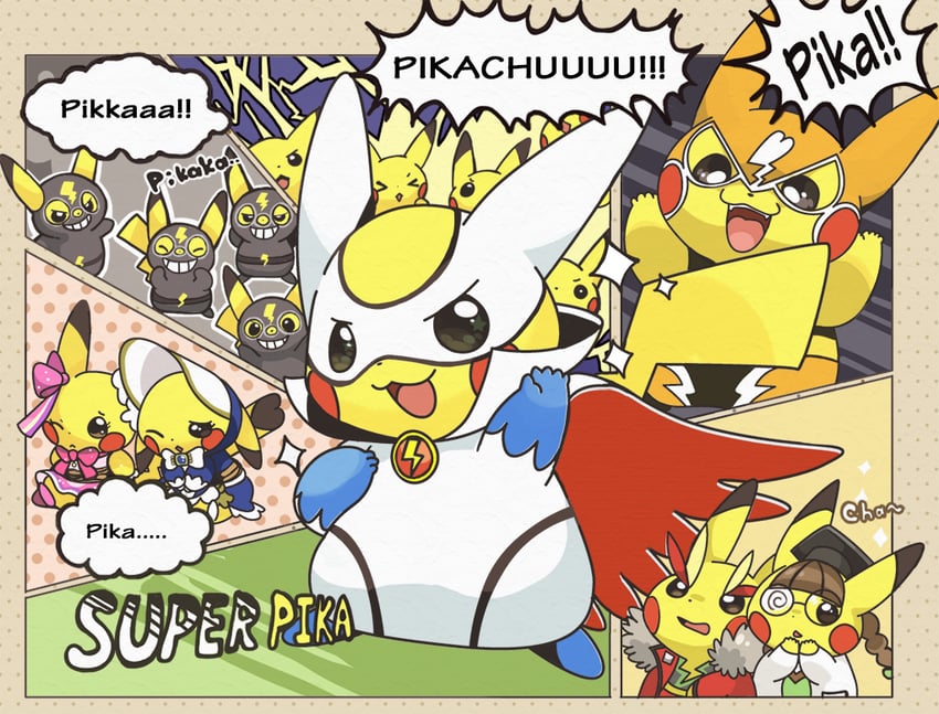 pikachu, cosplay pikachu, pikachu libre, pikachu pop star, pikachu belle, and 3 more (pokemon and 2 more) drawn by konanbo