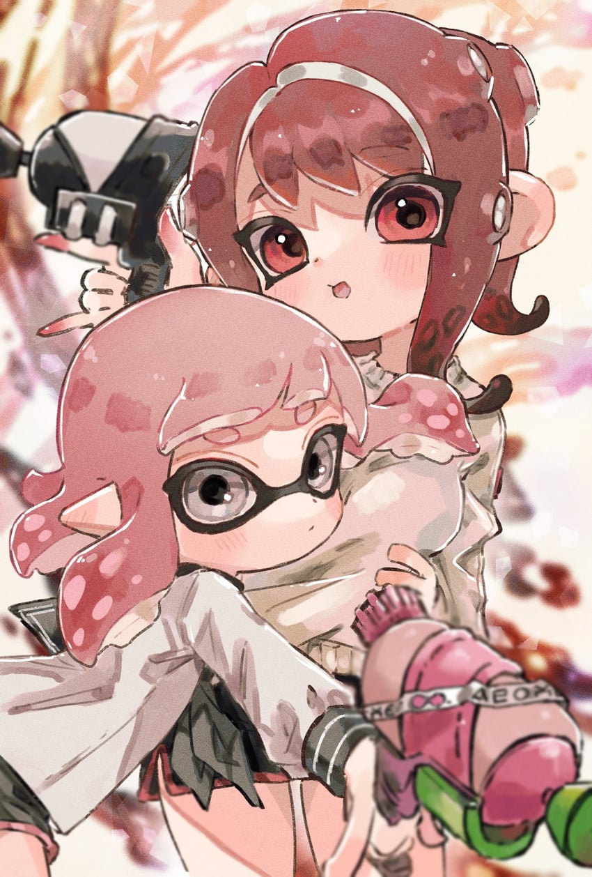 inkling player character, inkling girl, octoling player character, and octoling girl (splatoon) drawn by plum0o0