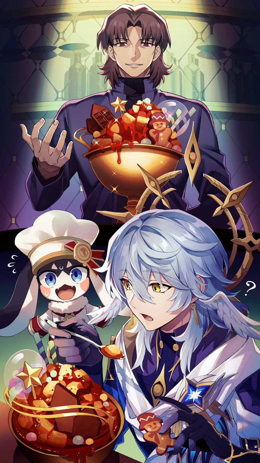 kotomine kirei, sunday, and pom-pom (fate and 3 more) drawn by meiji_ken