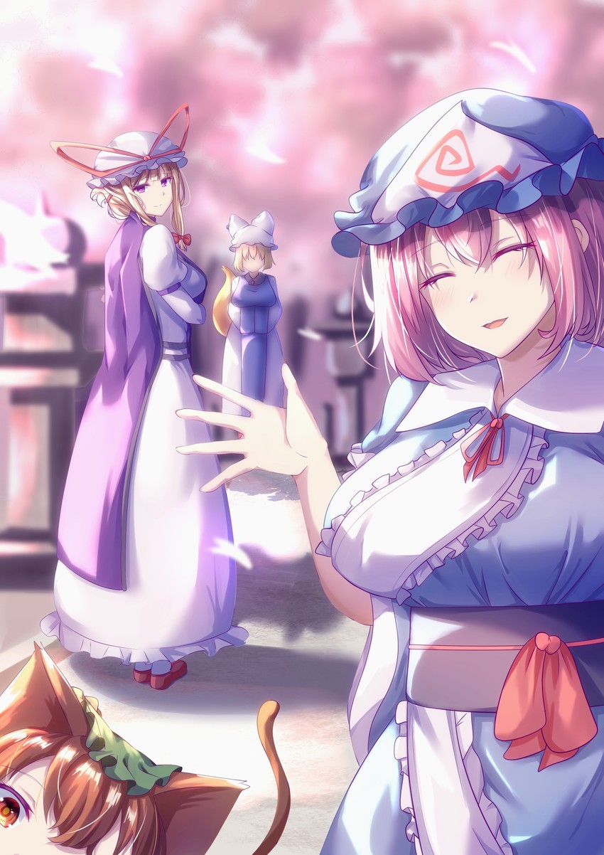 yakumo yukari, saigyouji yuyuko, yakumo ran, and chen (touhou) drawn by mirufi_(milfiiiiyu)