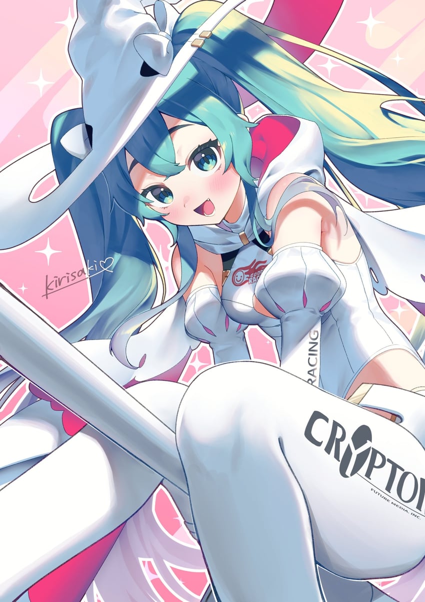 hatsune miku and racing miku (vocaloid and 1 more) drawn by kirisaki_shuusei