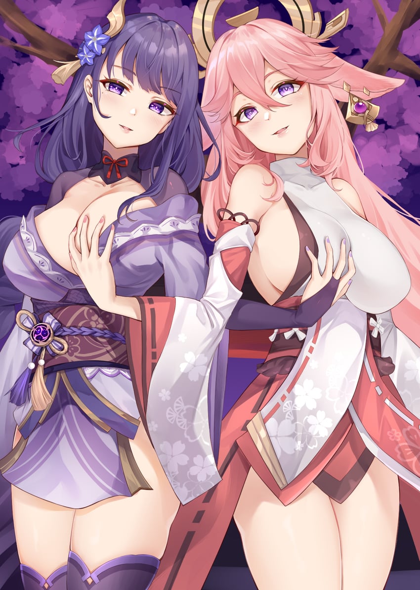 raiden shogun and yae miko (genshin impact) drawn by kanon_(sinto)
