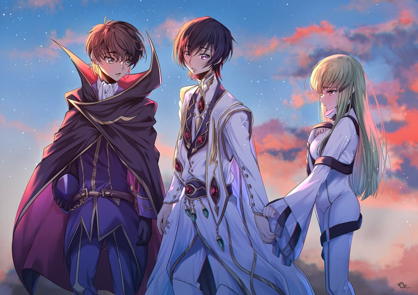 c.c., lelouch vi britannia, kururugi suzaku, and zero (code geass) drawn by budgiepon