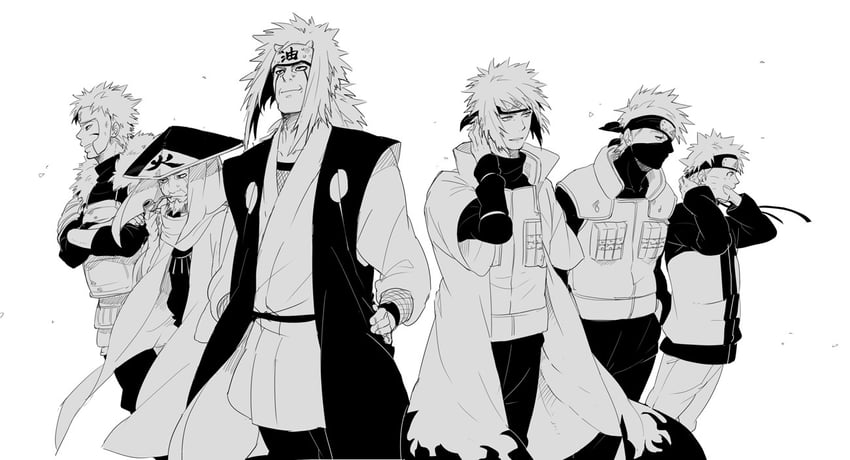 uzumaki naruto, hatake kakashi, namikaze minato, jiraiya, senju tobirama, and 1 more (naruto and 1 more) drawn by i_(kaiyou)