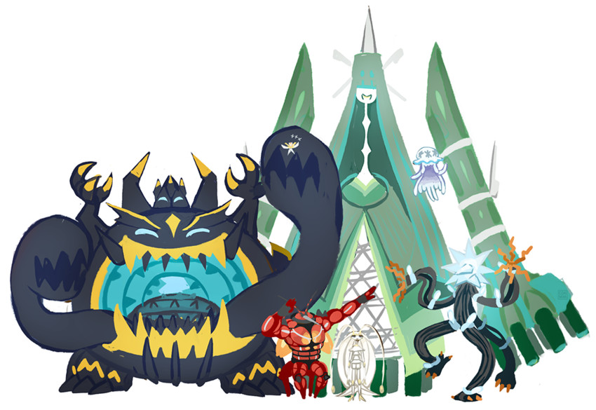 nihilego, pheromosa, buzzwole, xurkitree, celesteela, and 2 more (pokemon and 1 more) drawn by conmimi