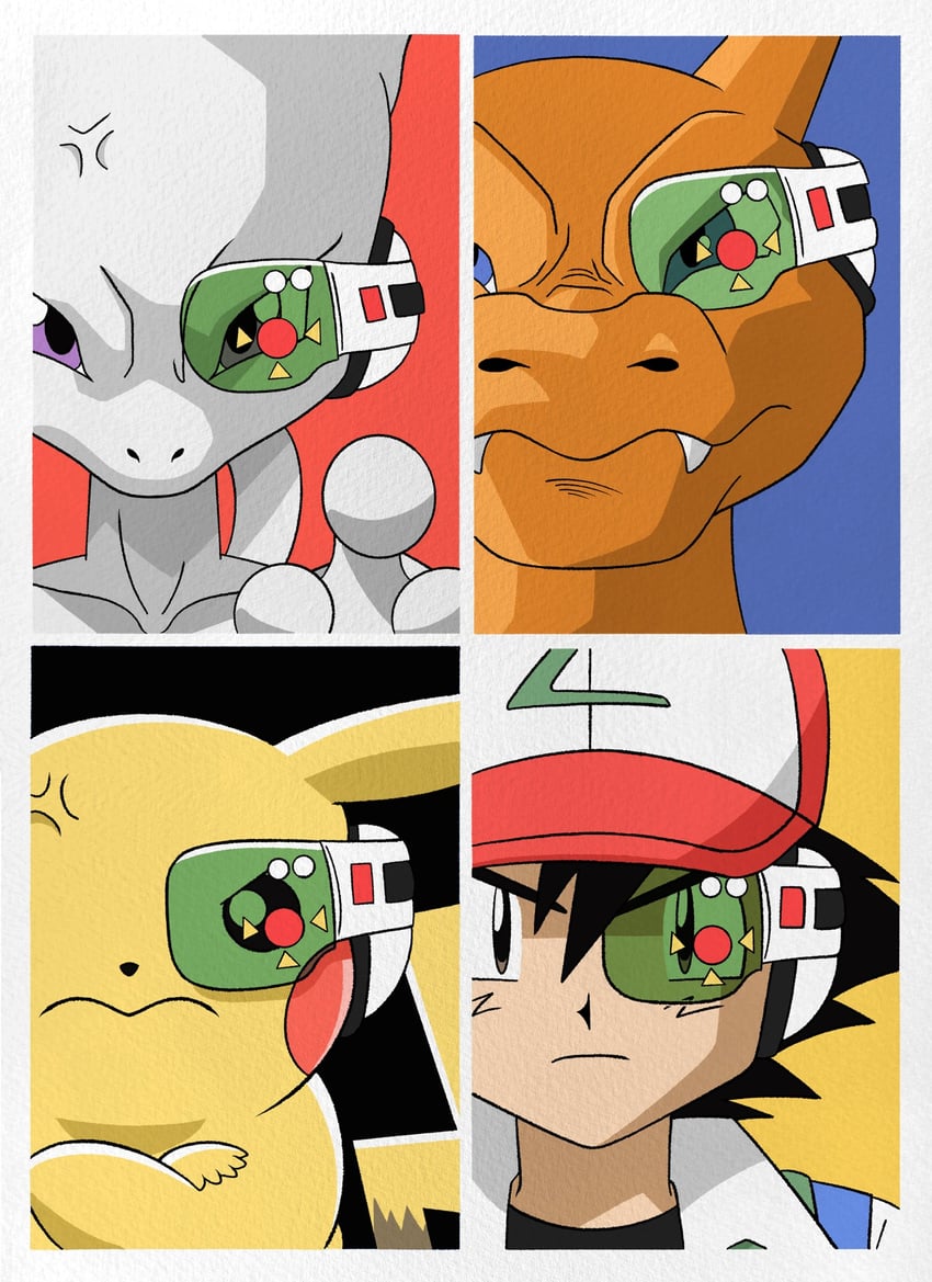 pikachu, ash ketchum, charizard, and mewtwo (pokemon and 2 more) drawn by wesatinthecar