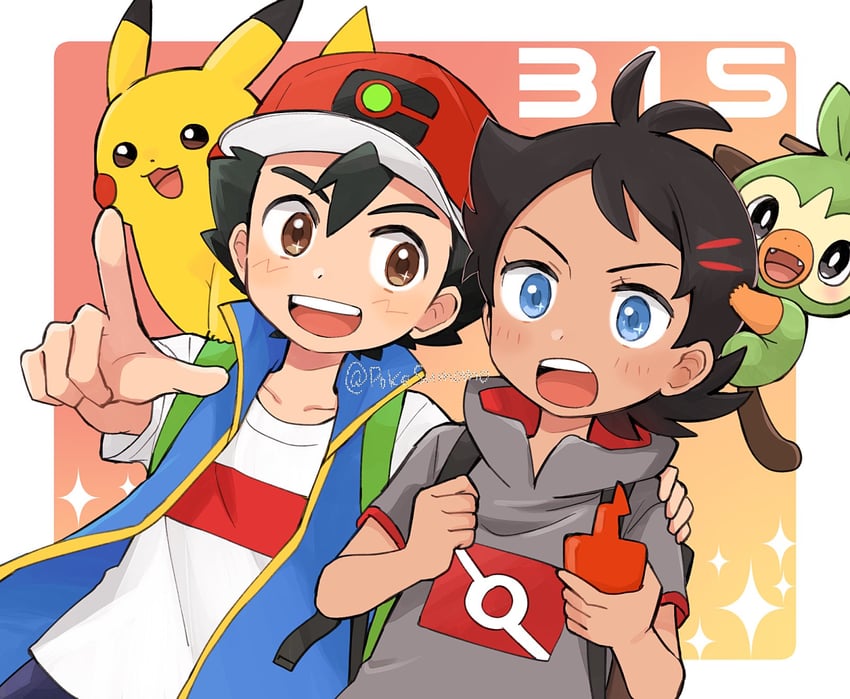 pikachu, ash ketchum, rotom, rotom phone, grookey, and 1 more (pokemon and 1 more) drawn by pokesumomo
