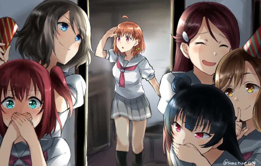 watanabe you, tsushima yoshiko, sakurauchi riko, takami chika, kunikida hanamaru, and 1 more (love live! and 1 more) drawn by somechime_(sometime1209)