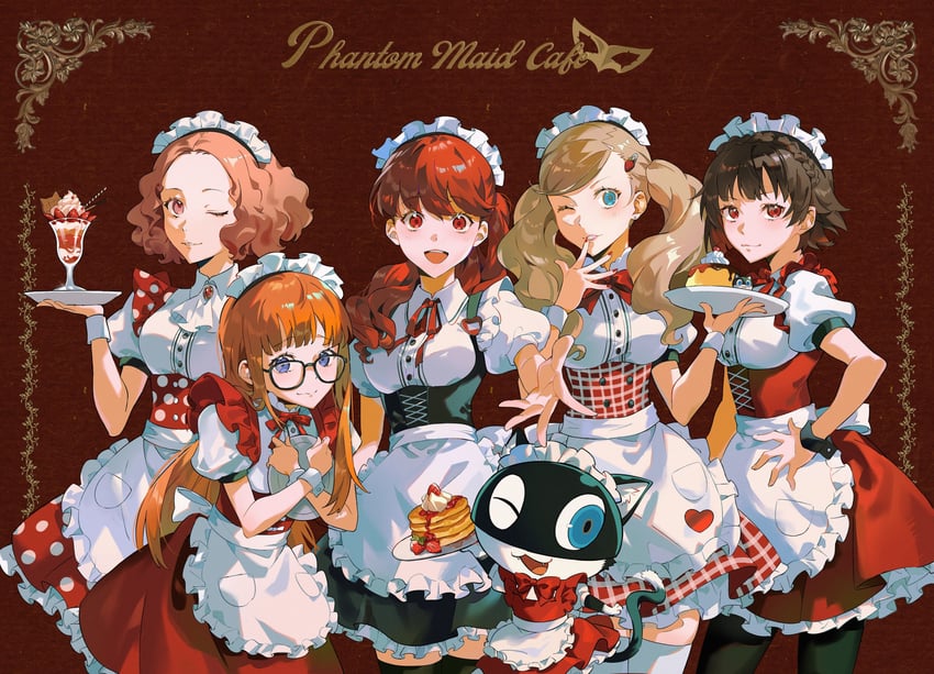 takamaki anne, sakura futaba, niijima makoto, okumura haru, yoshizawa kasumi, and 1 more (persona and 2 more) drawn by bibi_booom