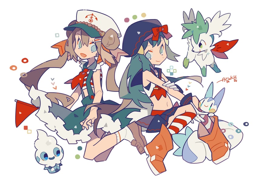 dawn, rosa, pachirisu, shaymin, and vanillite (pokemon and 2 more) drawn by auko