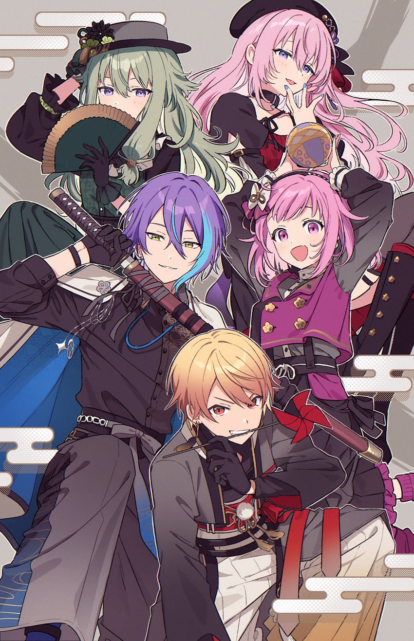 megurine luka, ootori emu, tenma tsukasa, kusanagi nene, kamishiro rui, and 1 more (vocaloid and 1 more) drawn by kani_2hiki