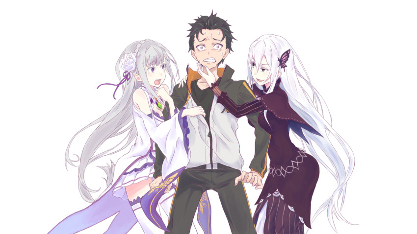 emilia, natsuki subaru, and echidna (re:zero kara hajimeru isekai seikatsu and 1 more) drawn by pieindisguise