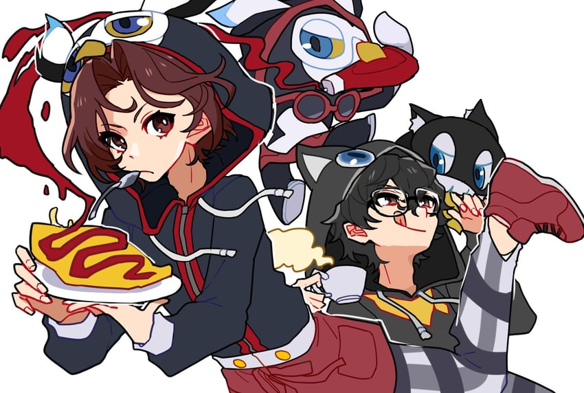 amamiya ren, morgana, kamishiro nagisa, and lufel (persona and 2 more) drawn by maitakepasuta