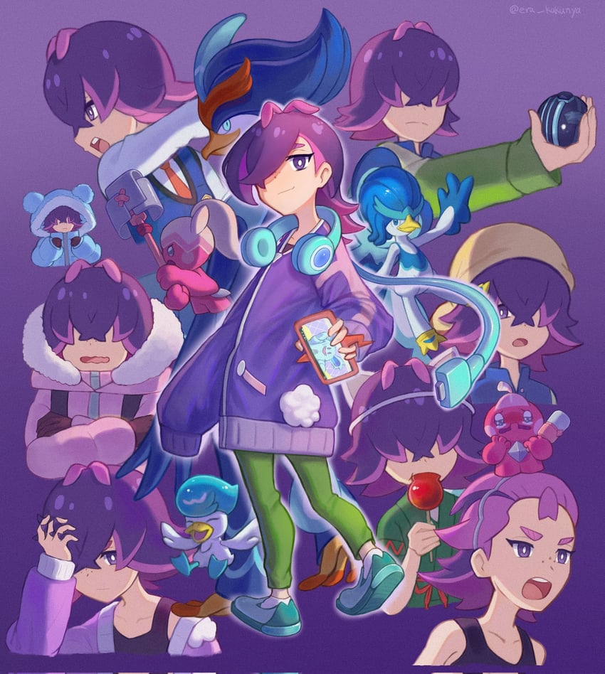 rotom, rotom phone, quaxly, dot, quaquaval, and 3 more (pokemon and 1 more) drawn by nekomura_saki