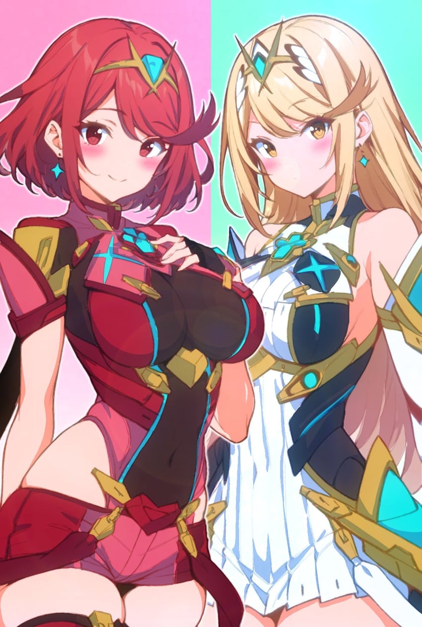 pyra and mythra (xenoblade chronicles and 1 more) drawn by kakk_e