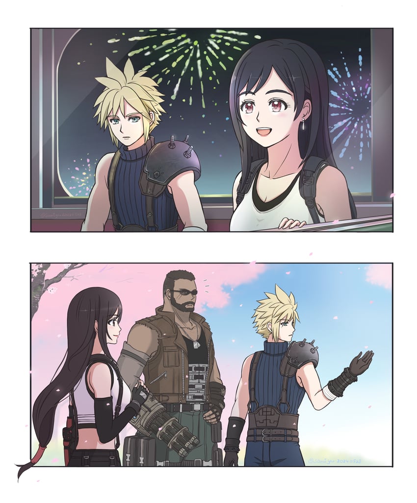 tifa lockhart, cloud strife, and barret wallace (final fantasy and 4 more) drawn by asami_yutori