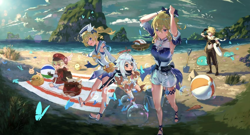 aether, paimon, klee, barbara, jean, and 1 more (genshin impact) drawn by skavenprime