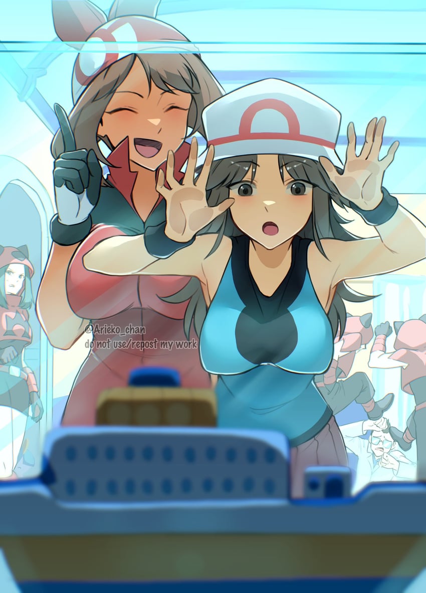 may, leaf, ralts, team magma grunt, and scientist (pokemon and 2 more) drawn by ariekochan