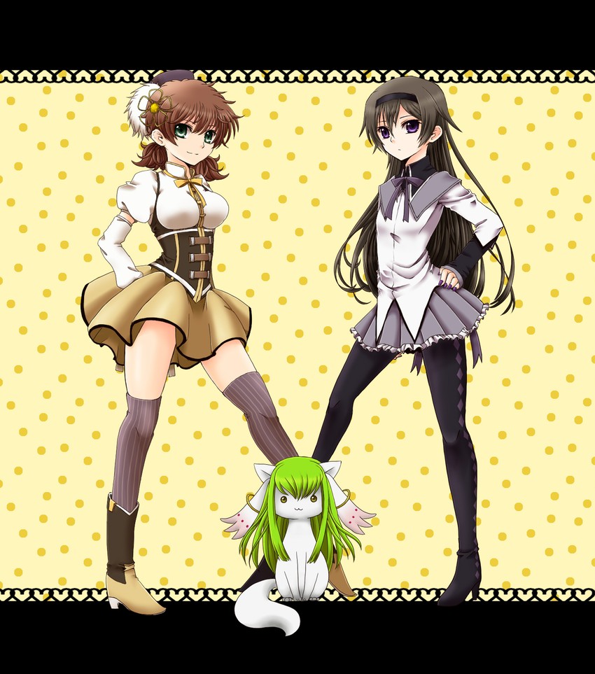 akemi homura, tomoe mami, kyubey, c.c., lelouch vi britannia, and 3 more (mahou shoujo madoka magica and 1 more) drawn by aji_paba