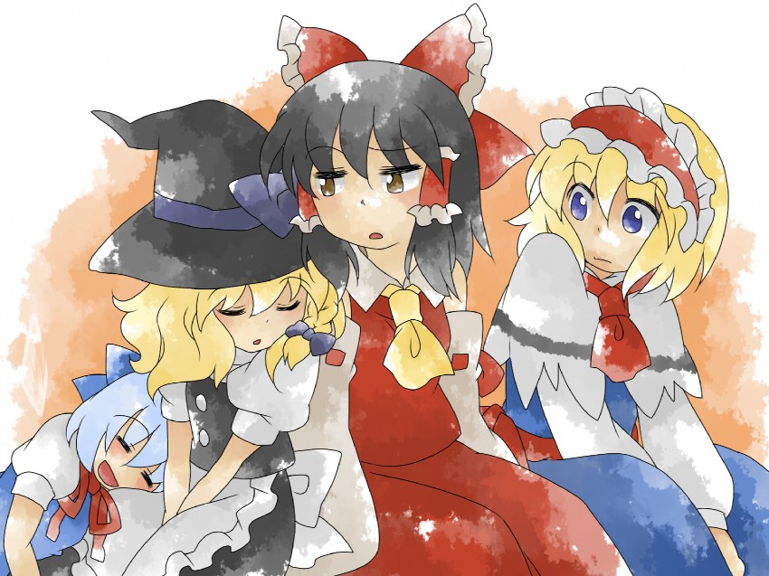 hakurei reimu, kirisame marisa, cirno, and alice margatroid (touhou) drawn by hammer_(sunset_beach)