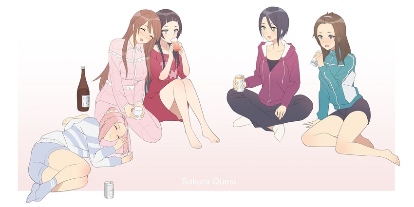 koharu yoshino, shinomiya shiori, oribe ririko, kouzuki sanae, and midorikawa maki (sakura quest) drawn by kitazawa_(embers)