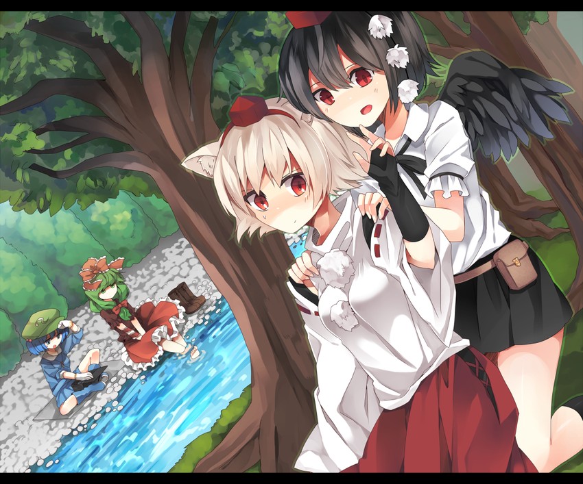 shameimaru aya, inubashiri momiji, kawashiro nitori, and kagiyama hina (touhou) drawn by hyouka_(rat_hut)