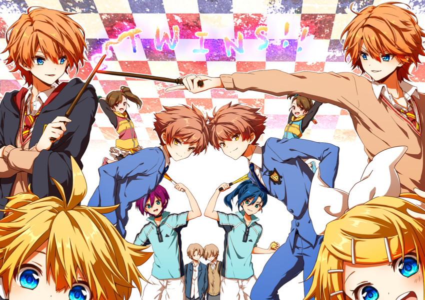 kagamine rin, kagamine len, futami mami, futami ami, hitachiin hikaru, and 7 more (idolmaster and 6 more) drawn by kapirusu
