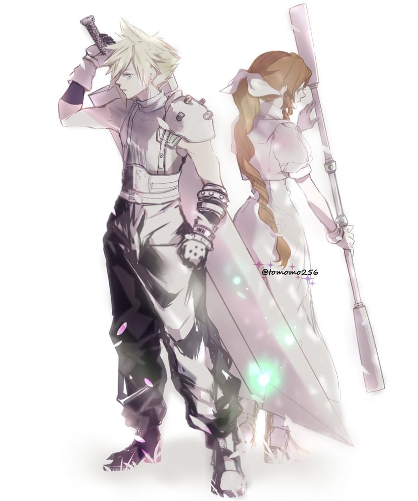 cloud strife and aerith gainsborough (final fantasy and 2 more) drawn by tomo_(552252)