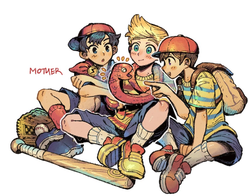 ness, lucas, ninten, and rope snake (mother and 3 more) drawn by 9twoeight