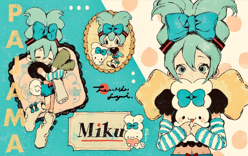 hatsune miku, cinnamoroll, and cinnamiku (vocaloid and 2 more) drawn by rerain