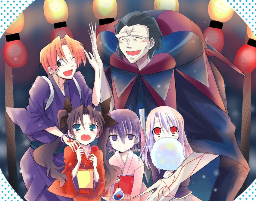 tohsaka rin, illyasviel von einzbern, matou sakura, gilles de rais, and uryuu ryuunosuke (fate and 1 more) drawn by konoji