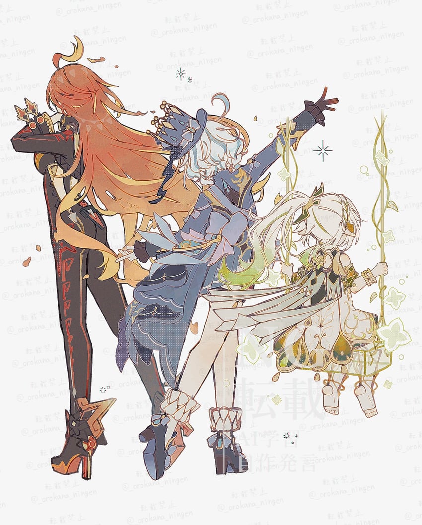 furina, nahida, and mavuika (genshin impact) drawn by orokana