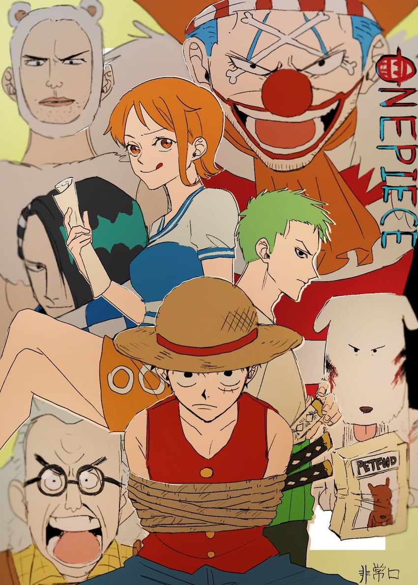 nami, monkey d. luffy, roronoa zoro, buggy the clown, cabaji, and 3 more (one piece) drawn by feichangkou