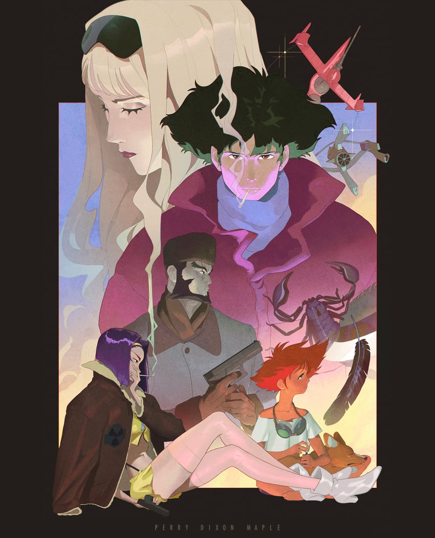faye valentine, spike spiegel, edward wong hau pepelu tivrusky iv, ein, jet black, and 2 more (cowboy bebop) drawn by perry_maple