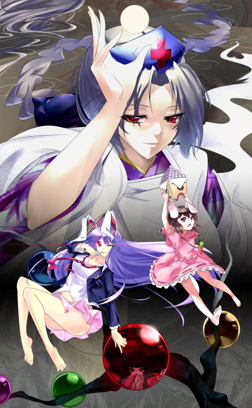 reisen udongein inaba, houraisan kaguya, inaba tewi, and yagokoro eirin (touhou) drawn by initial_f