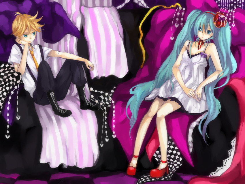 hatsune miku and kagamine len (vocaloid and 1 more) drawn by tama_(songe)