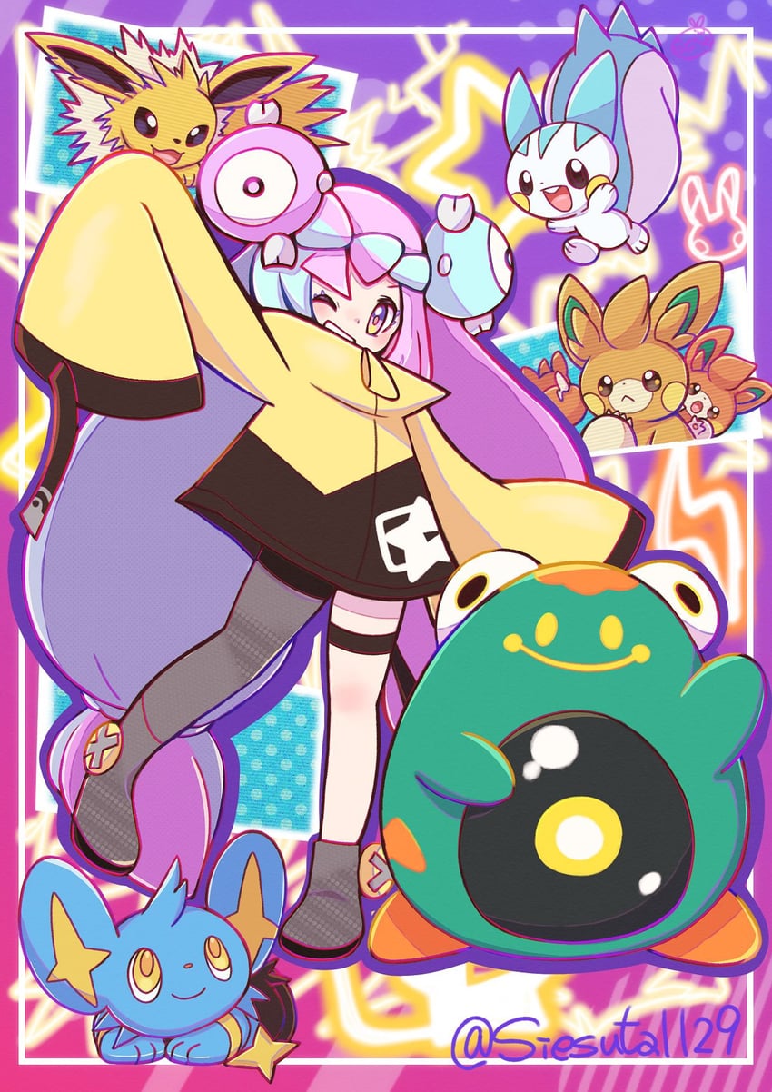 iono, jolteon, pachirisu, bellibolt, shinx, and 3 more (pokemon and 1 more) drawn by gokuaku_rabbit