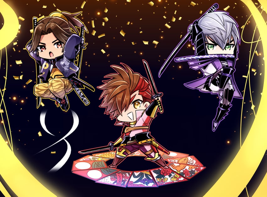 ishida mitsunari, shima sakon, and katou kiyomasa (sengoku basara) drawn by kkkaaaayyy