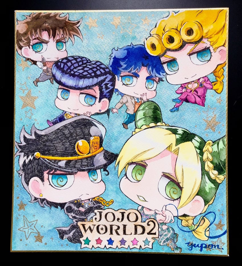 joseph joestar, kujo jotaro, kujo jolyne, giorno giovanna, jonathan joestar, and 1 more (jojo no kimyou na bouken and 6 more) drawn by yuupon