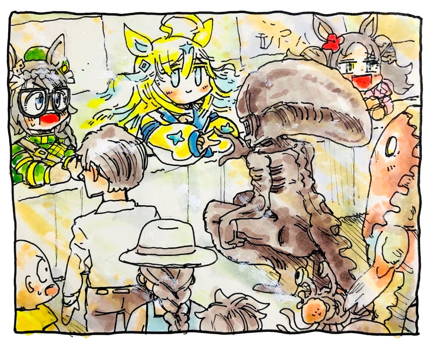 neo universe, zenno rob roy, marvelous sunday, xenomorph, and flying spaghetti monster (umamusume and 1 more) drawn by morisshii_(morishiey)