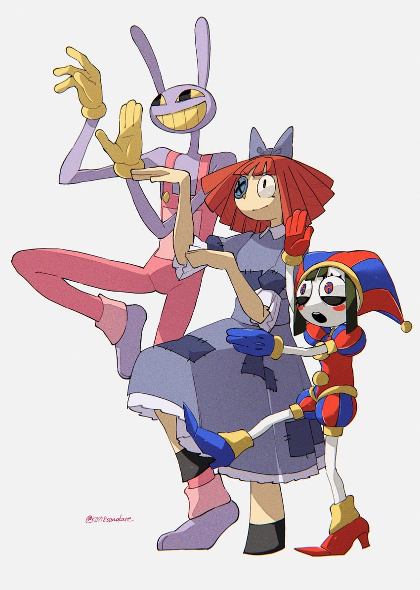 pomni, jax, and ragatha (yotsubato! and 1 more) drawn by sonokare