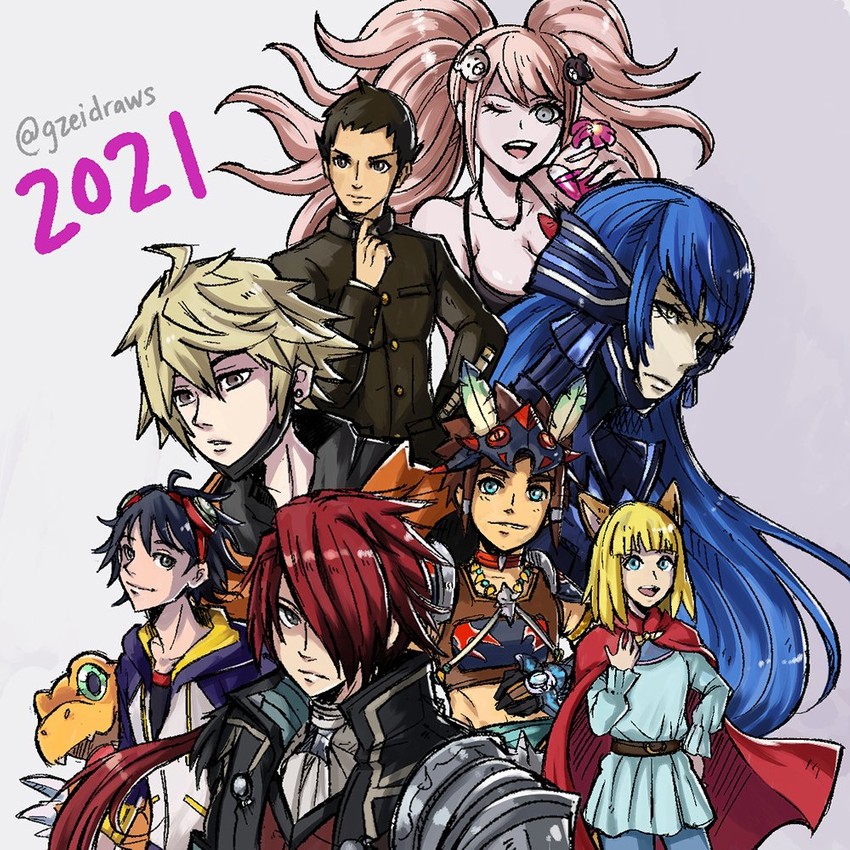 enoshima junko, agumon, protagonist, ryunosuke naruhodo, adol christin, and 3 more (danganronpa and 15 more) drawn by gzei
