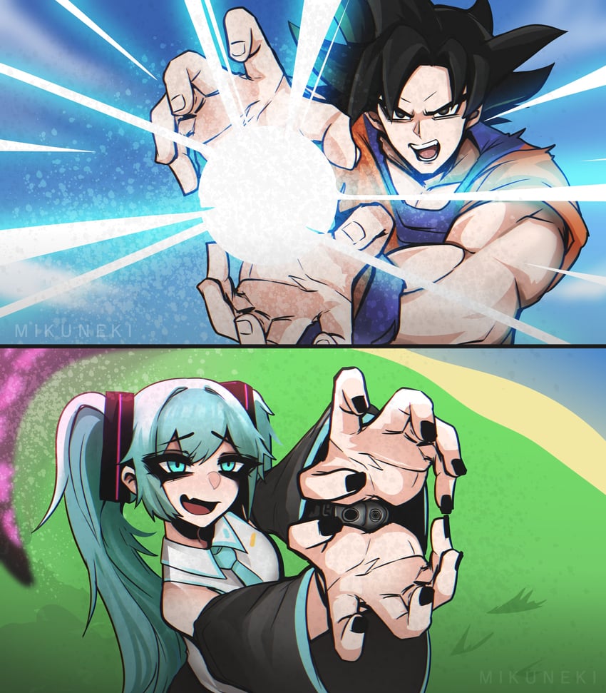 hatsune miku and son goku (vocaloid and 2 more) drawn by mikuneki