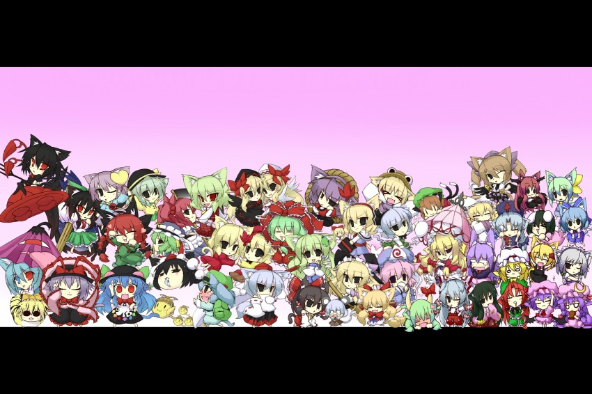 hakurei reimu, kirisame marisa, remilia scarlet, flandre scarlet, izayoi sakuya, and 48 more (touhou and 1 more) drawn by hazuki_ruu